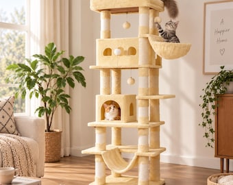 Albero tiragraffi alto 170 cm – Torre per gatti multilivello con pali per tirare, ampio trespolo, amaca e casetta per gatti