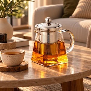 Op de afbeelding: Een doorzichtige glazen theepot met een vierkante bodem, voorzien van een roestvrijstalen deksel en een uitneembare fijnmazige theezeef. De theepot is gevuld met amberkleurige thee en heeft een glazen handvat en een schenktuit.