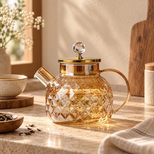 Amber Glass Teapot with Filter, Retro Diamond Pattern Tea Pot, Gold Lid with Crystal Knob, Iced Tea Pitcher, Gift for Tea Lover