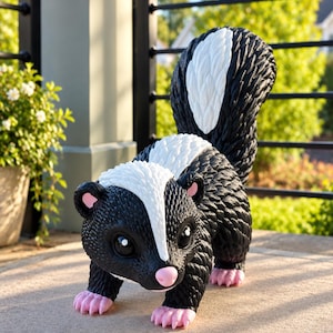 May include: A skunk figurine featuring a textured black and white coat with a prominent white stripe running from the head to the tail. The figure has large dark eyes, a small pink nose, and pink claws on each foot, standing in a quadrupedal pose.