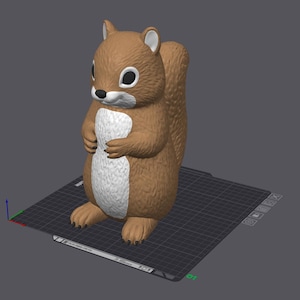 May include: A 3D digital model of a standing squirrel with brown fur, a white chest, and a large bushy tail. The squirrel has black eyes, a black nose, and small claws on its feet. It is positioned on a dark gray grid platform with axis markers.