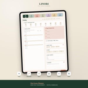 以下が含まれることがあります： タブレット画面に表示されたLINORI THE FOCUS PLANNERというタイトルのデジタルプランナーインターフェース。Today、Time Blocks、Top 3 must-dos、Quick Wins、Mood、Body Double、Rewardのセクションと、上部にナビゲーションタブが配置されています。