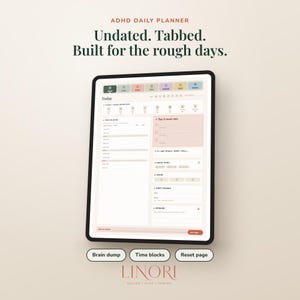 Könnte beinhalten: Ein digitaler ADHS-Tagesplaner auf einem Tablet-Bildschirm mit dem Text ADHD DAILY PLANNER, Undated. Tabbed. Built for the rough days. Die Benutzeroberfläche enthält Abschnitte für Zeitblöcke, die drei wichtigsten Aufgaben, Stimmung und Body-Double-Tracking.