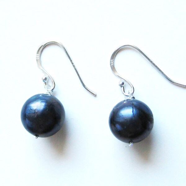 Large Black Pearl Earrings, Bridal Earrings, Black Freshwater Pearl, Classic Understated Beauty