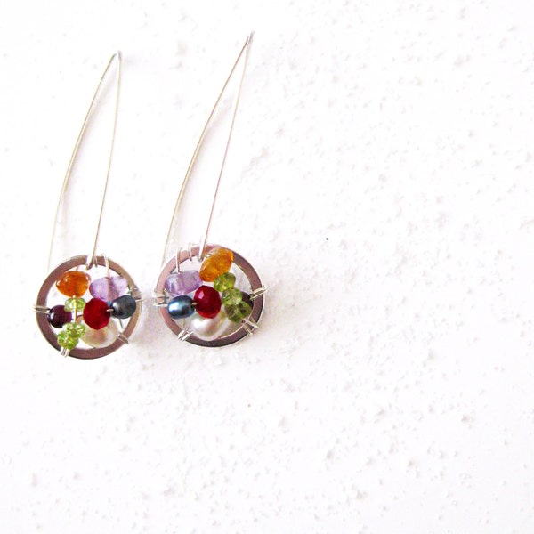 Dream Catcher Silver Earrings Colorful Sterling Silver Gemstone Dream Catcher Small