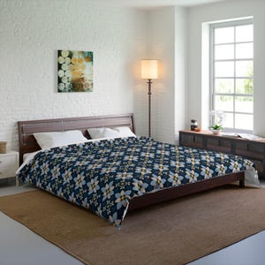 Navy Floral Geometric Comforter | Daisy Tile Pattern Bedding