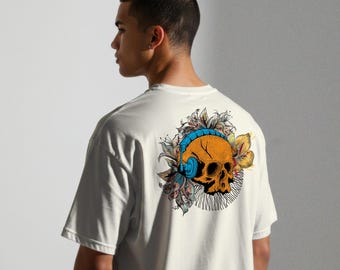 Orange Skull with Headphones T-Shirt | Floral Skull Music Tee