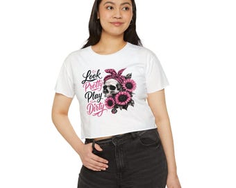 Look Pretty Play Dirty Skull Sunflowers Crop Top | Festival Boho Graphic Tee