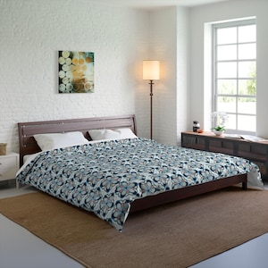 Blue Floral Tile Pattern Comforter | Geometric Flower Repeat Bedding