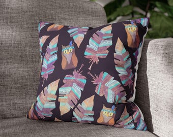 Boho Feathers and Owls Square Pillowcase | Decorative Throw Pillow Cover