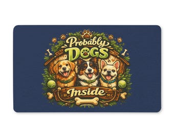 Wycieraczka z nadrukiem Dog Trio | Happy Pups, mata powitalna z nadrukiem łap, granatowe tło
