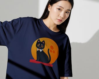 Black Cat Illustration T-shirt | Cute Cat Graphic, Orange Sun Background