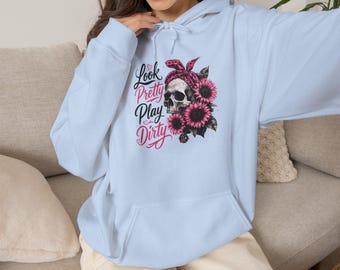 Bluza z kapturem Look Pretty Play Dirty | Grafika z czaszką i różowymi słonecznikami