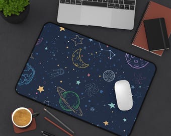Hand-Drawn Space Doodle Desk Mat | Cosmic Planets Stars Constellations