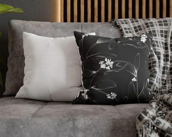 Monochrome Floral Sketch Pillowcase | Black White Botanical Throw Pillowcase