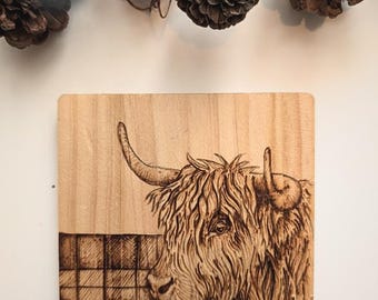 Highland Cow Coaster - Pyrography Wood Burned Art