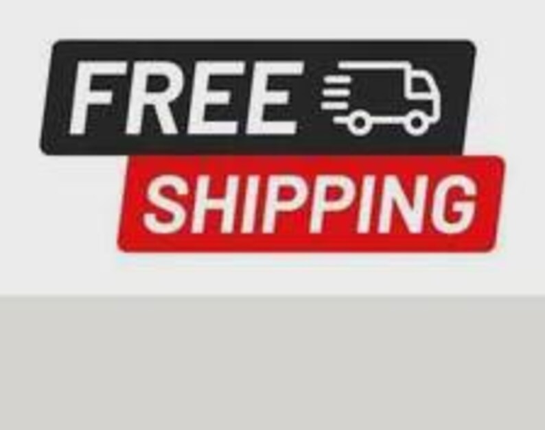 May include: A graphic design featuring the text FREE in white letters on a black rectangular background with a white truck icon, positioned above the word SHIPPING in white letters on a red rectangular background against a light gray backdrop.