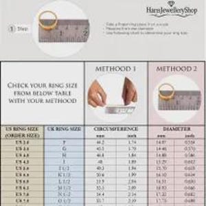 May include: An instructional infographic for determining ring size, featuring two methods with diagrams and a comprehensive conversion table listing US and UK sizes, circumference in millimeters and inches, and diameter in millimeters and inches.