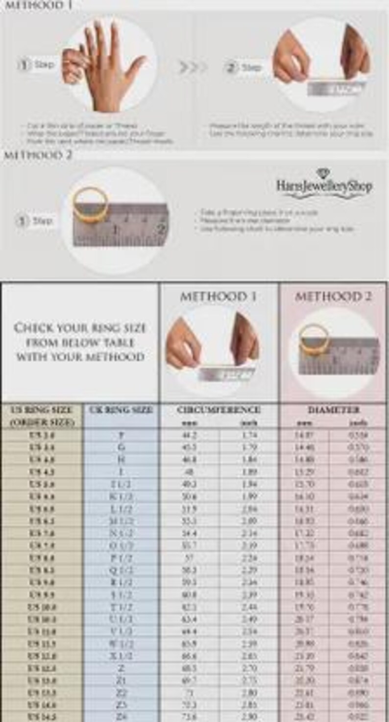May include: An instructional infographic for determining ring size, featuring two methods with diagrams and a comprehensive conversion table listing US and UK sizes, circumference in millimeters and inches, and diameter in millimeters and inches.