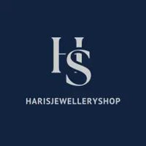May include: A dark navy blue square logo featuring a large, light gray serif monogram of the letters H and S intertwined. Below the monogram, the text HARISJEWELLERYSHOP is printed in a clean, white, sans-serif font, centered on the background.