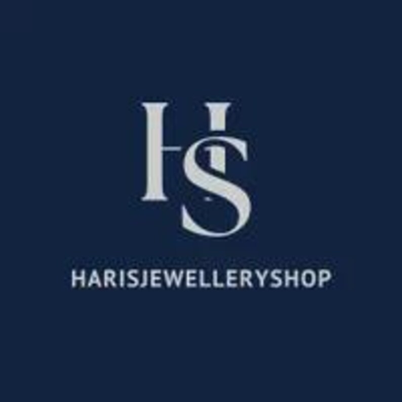 May include: A dark navy blue square logo featuring a large, light gray serif monogram of the letters H and S intertwined. Below the monogram, the text HARISJEWELLERYSHOP is printed in a clean, white, sans-serif font, centered on the background.