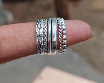 Sterling Silver Textured Stackable Ring Set, Boho Twisted Bands, Women's Jewelry