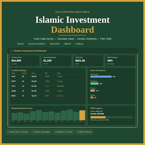 Islamic Investment Dashboard – Halal Stock Tracker, Zakat Calculator, Dividend Log and FIRE Planner | Excel and Google Sheets