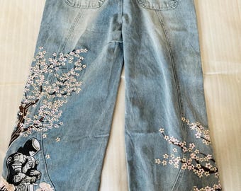 Vescartes lichtblauwe Fallen Knight Cherry Blossom-jeans met wijde pijpen