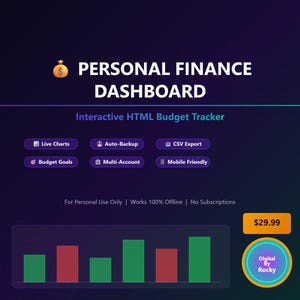 Könnte beinhalten: Ein dunkelviolettes digitales Finanz-Dashboard mit dem Text Personal Finance Dashboard und Interactive HTML Budget Tracker. Es enthält Symbole für Live-Diagramme, automatische Sicherung, CSV-Export, Budgetziele, Multi-Konto und mobile Kompatibilität sowie ein Balkendiagramm und ein kreisförmiges Logo.