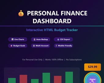 Personal Finance Dashboard – Interactive HTML Budget Tracker (Digital Download)