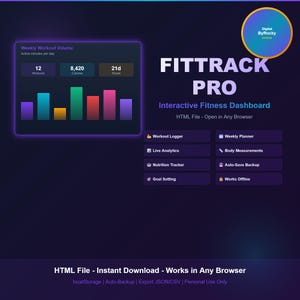 May include: FITTRACK PRO interactive fitness dashboard HTML file with a dark purple background. Features a weekly workout volume bar chart, workout logger, live analytics, nutrition tracker, goal setting, weekly planner, and body measurements.