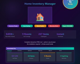 HomeVault Pro HTML | Home Inventory Manager | Insurance Tracker | Warranty Alerts | Room Organizer
