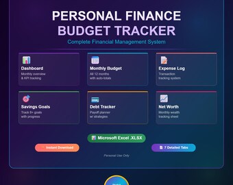 Personal Finance Budget Tracker Excel Spreadsheet | Monthly Budget, Savings, Debt, Net Worth (Digital Download)