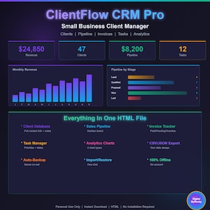 May include: A dark-themed ClientFlow CRM Pro dashboard interface featuring a monthly revenue bar chart, a pipeline by stage horizontal bar chart, and summary boxes for revenue, clients, pipeline, and tasks. It lists features like client database, sales pipeline, invoice tracker, task manager, analytics charts, CSV/JSON export, auto-backup, import/restore, and 100% offline functionality.