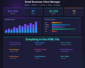 ClientFlow CRM Pro HTML | Small Business Client Manager | Pipeline Invoice Task Tracker | Digital Download