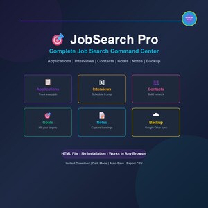 May include: A digital JobSearch Pro command centre interface on a dark background. It features sections for Applications, Interviews, Contacts, Goals, Notes, and Backup. Text includes 'Complete Job Search Command Centre' and 'HTML File - No Installation'.
