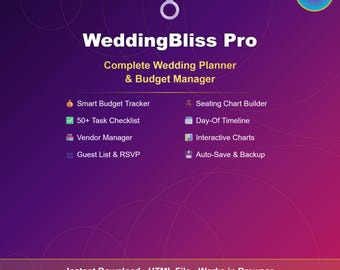 WeddingBliss Pro HTML | Complete Wedding Planner | Budget Guest List Vendors Seating | Digital Download