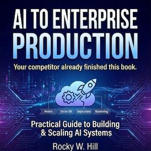 May include: A book cover titled AI TO ENTERPRISE PRODUCTION with the subtitle Your competitor already finished this book. It features a rocket and gear icon over a cloud, with labels for Models, Vector DB, Deployment, and Monitoring by Rocky W. Hill.