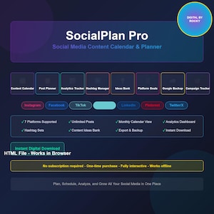 Pode incluir: Calendário e planejador de conteúdo para redes sociais SocialPlan Pro. Inclui calendário de conteúdo, planejador de postagens, rastreador de análise, gerenciador de hashtags, banco de ideias, metas de plataforma e rastreador de campanhas. Arquivo HTML interativo.