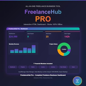 May include: A dark-themed FreelanceHub PRO interactive HTML dashboard interface. The display features metrics for total revenue of $24,580, 8 active projects, 23 total clients, and 142 hours logged. It includes a bar chart, a project status donut chart, and 7 modules.