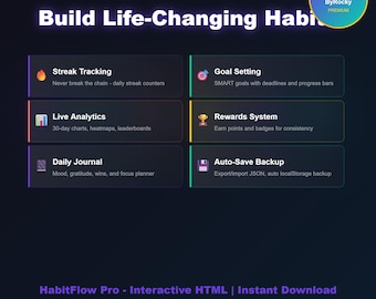HabitFlow Pro HTML | Habit Tracker & Goal Dashboard | Streaks, Analytics, Journal, Rewards | Digital Download