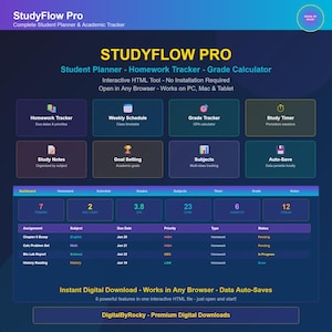 StudyFlow Pro HTML | Student Planner Homework Tracker Grade Calculator Study Timer | Digital Download