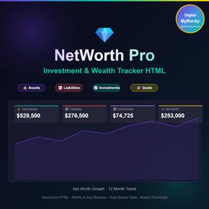 May include: A digital NetWorth Pro investment and wealth tracker HTML interface featuring a dark theme with a blue diamond icon. It displays financial categories including Assets, Liabilities, Investments, and Goals, with a 12-month net worth growth line graph.