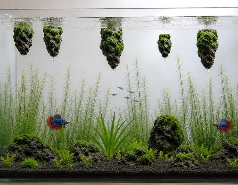 An aquascape showing five moss-covered pumice rocks floating near the water surface, with two colorful betta fish and green stem plants in the gravel substrate.