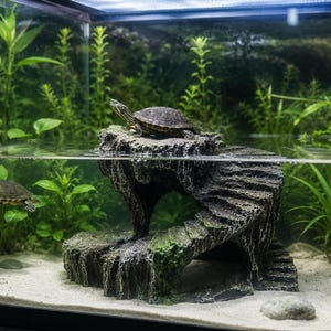 Op de afbeelding: Een glazen aquarium met twee kleine schildpadden, een zandbodem, groene waterplanten en een donkergrijze, getextureerde rotsstructuur met een wenteltrapontwerp dat boven de waterlijn uitsteekt zodat de schildpadden kunnen rusten.