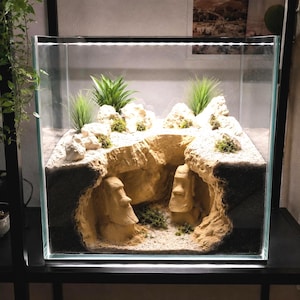 Peut inclure: Un aquarium en verre carré présentant un paysage sur le thème du désert avec du sable blanc, des rochers clairs et de l'herbe artificielle verte. Dans une grotte sculptée, deux statues Moai beiges se font face sur un sol sablonneux avec de la mousse.