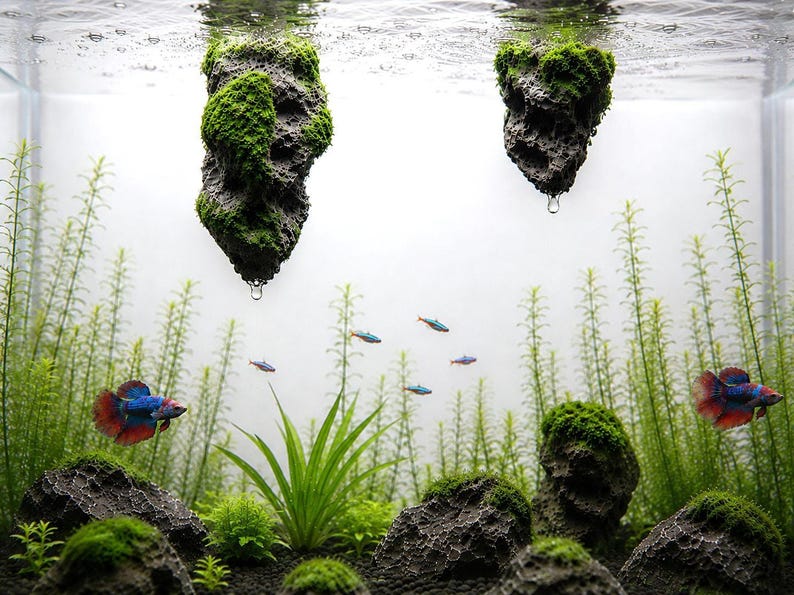A close-up view of an aquarium interior featuring two floating mossy stones hanging from the surface above dense background plants and swimming neon tetras.