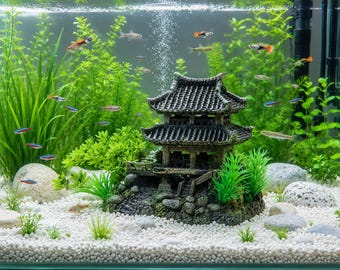 Pagoden-Aquariumdekoration – Asiatischer Tempel-Aquariumschmuck, Japanisch-Chinesische Burg-Unterwasserdekoration aus Kunstharz, Versteck für Betta und Guppy