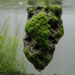 A detailed shot of a single porous dark grey pumice stone covered in bright green moss, suspended underwater with a single water droplet at its lowest point.