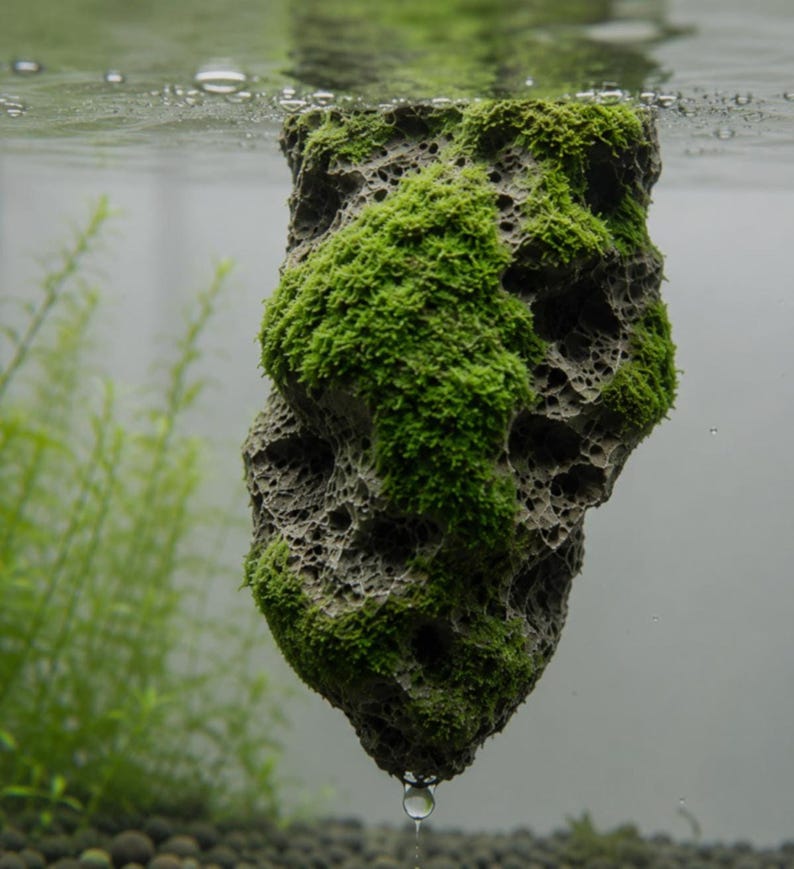 A detailed shot of a single porous dark grey pumice stone covered in bright green moss, suspended underwater with a single water droplet at its lowest point.